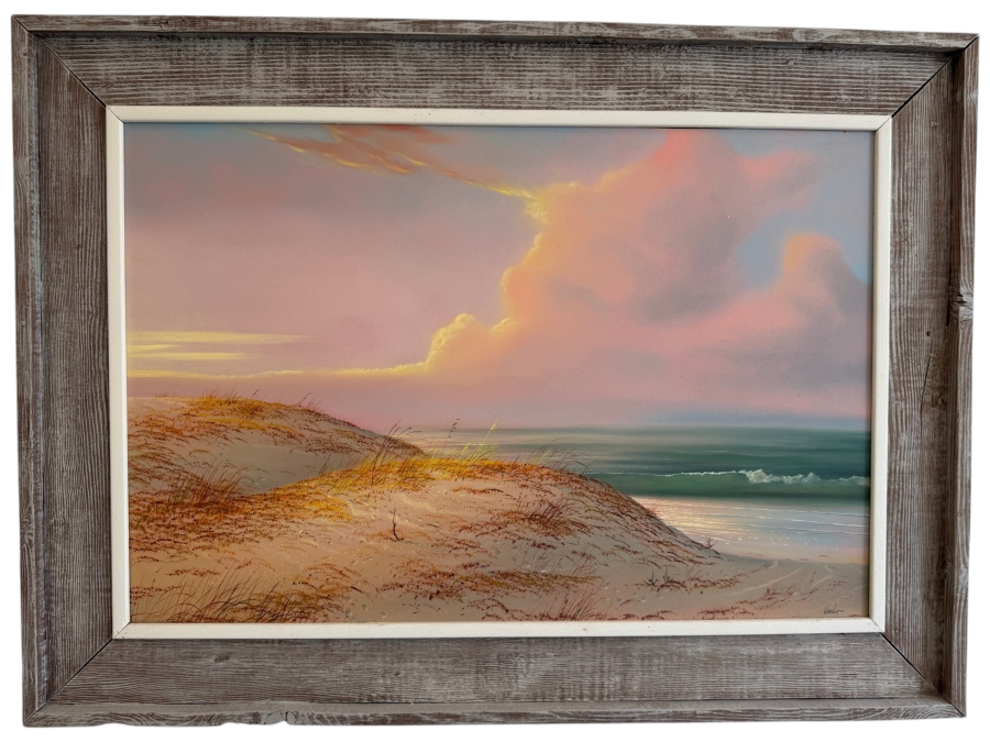 Just Added - Original Coastal Landscape Oil Painting on Canvas Signed Wood 36 X 24 Framed 44.5 X 32.5