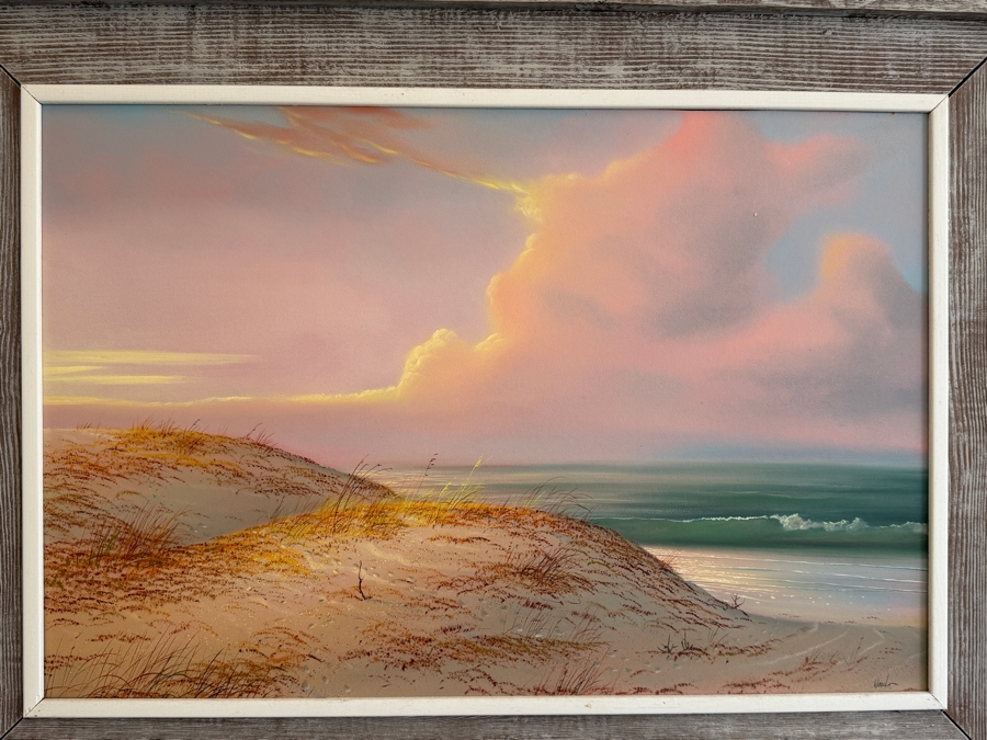 Just Added - Original Coastal Landscape Oil Painting on Canvas Signed Wood 36 X 24 Framed 44.5 X 32.5 [Photo 2]