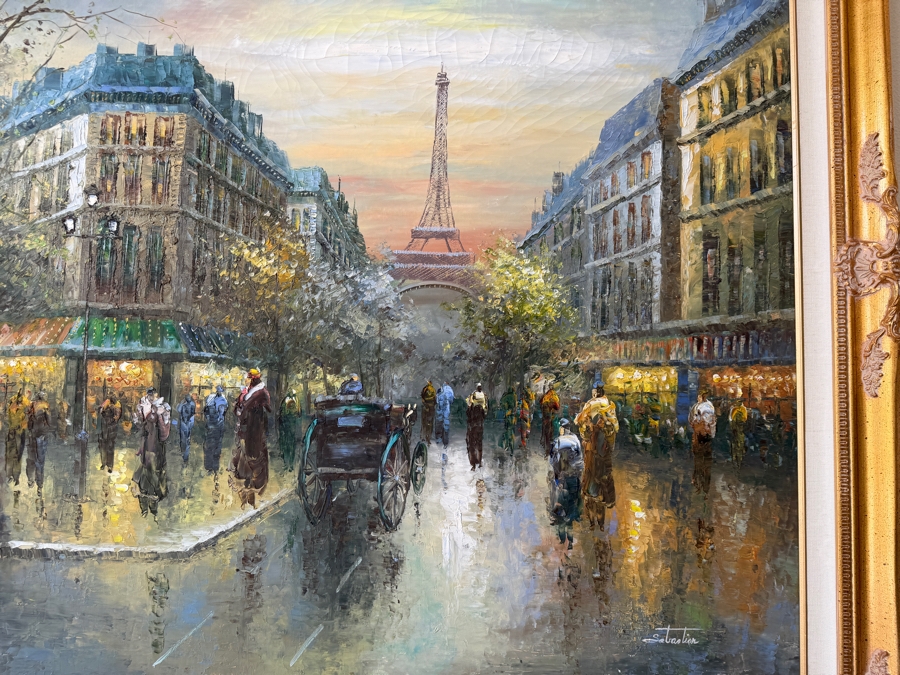 Just Added - Original Large Parisian Cityscape Oil Painting on Canvas Signed Sebastian 48 X 36 Framed 55 X 43 [Photo 5]