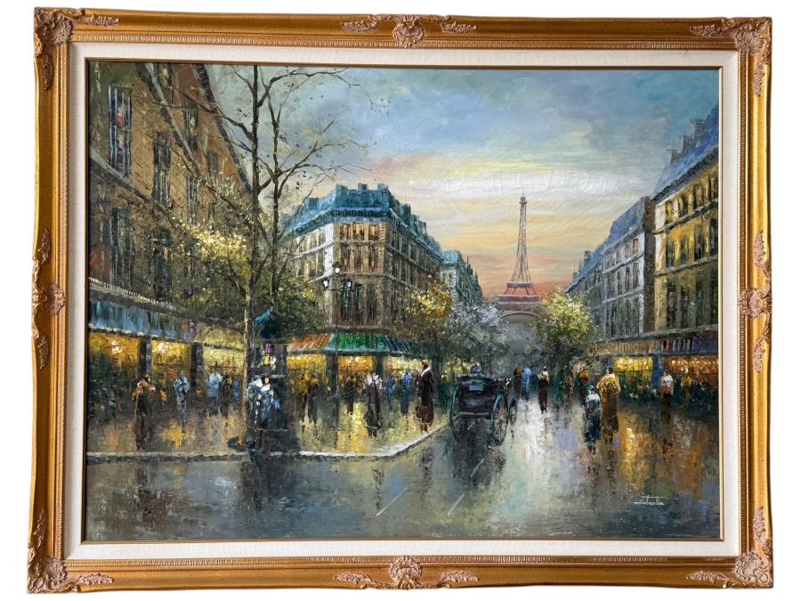 Just Added - Original Large Parisian Cityscape Oil Painting on Canvas Signed Sebastian 48 X 36 Framed 55 X 43