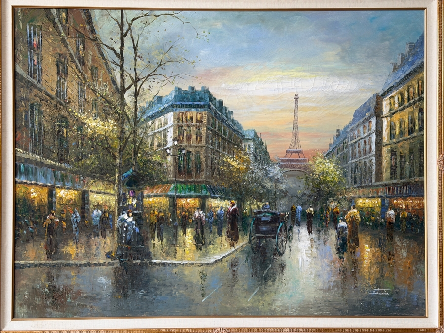 Just Added - Original Large Parisian Cityscape Oil Painting on Canvas Signed Sebastian 48 X 36 Framed 55 X 43 [Photo 2]