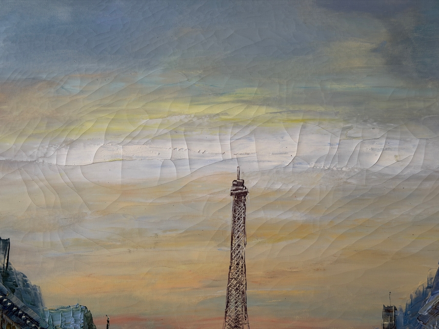 Just Added - Original Large Parisian Cityscape Oil Painting on Canvas Signed Sebastian 48 X 36 Framed 55 X 43 [Photo 7]