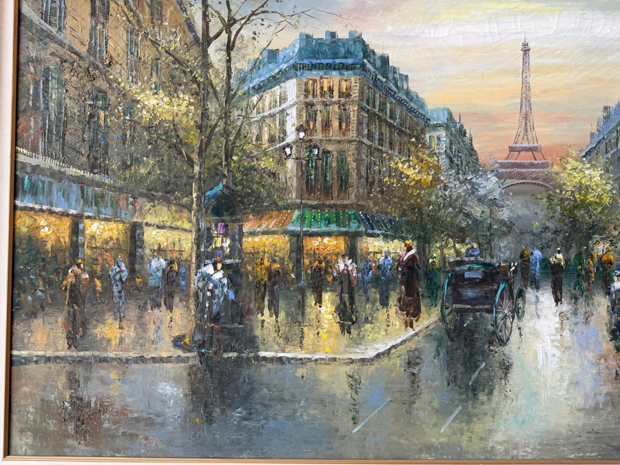 Just Added - Original Large Parisian Cityscape Oil Painting on Canvas Signed Sebastian 48 X 36 Framed 55 X 43 [Photo 4]