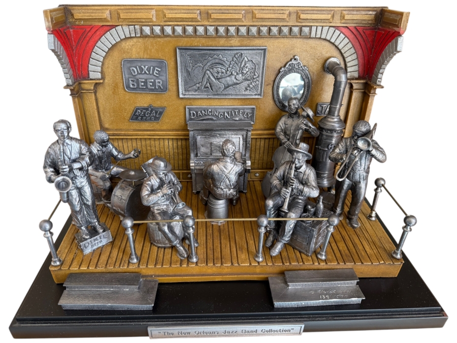Just Added - Michael Ricker Pewter Limited Edition Collectible Sculpture Titled 'The New Orleans Jazz Band Collection' Numbered 134 of 1,500 with Protective Glass Cover and COA 17.5W X 9.5D X 12H
