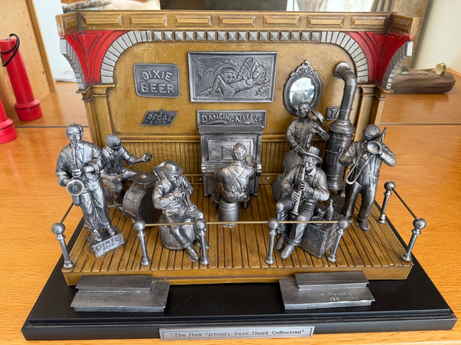 Just Added - Michael Ricker Pewter Limited Edition Collectible Sculpture Titled 'The New Orleans Jazz Band Collection' Numbered 134 of 1,500 with Protective Glass Cover and COA 17.5W X 9.5D X 12H [Photo 2]