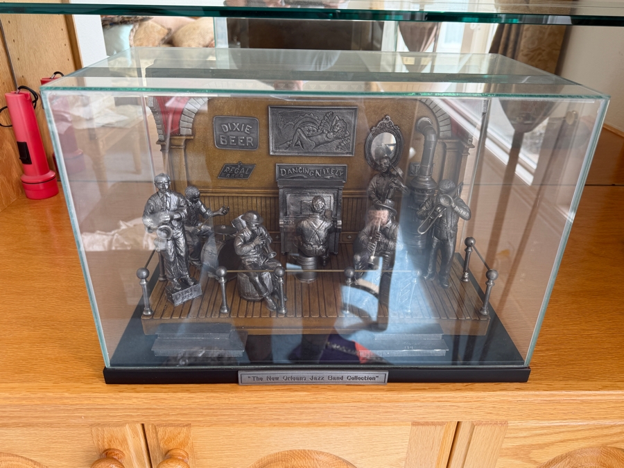 Just Added - Michael Ricker Pewter Limited Edition Collectible Sculpture Titled 'The New Orleans Jazz Band Collection' Numbered 134 of 1,500 with Protective Glass Cover and COA 17.5W X 9.5D X 12H [Photo 3]