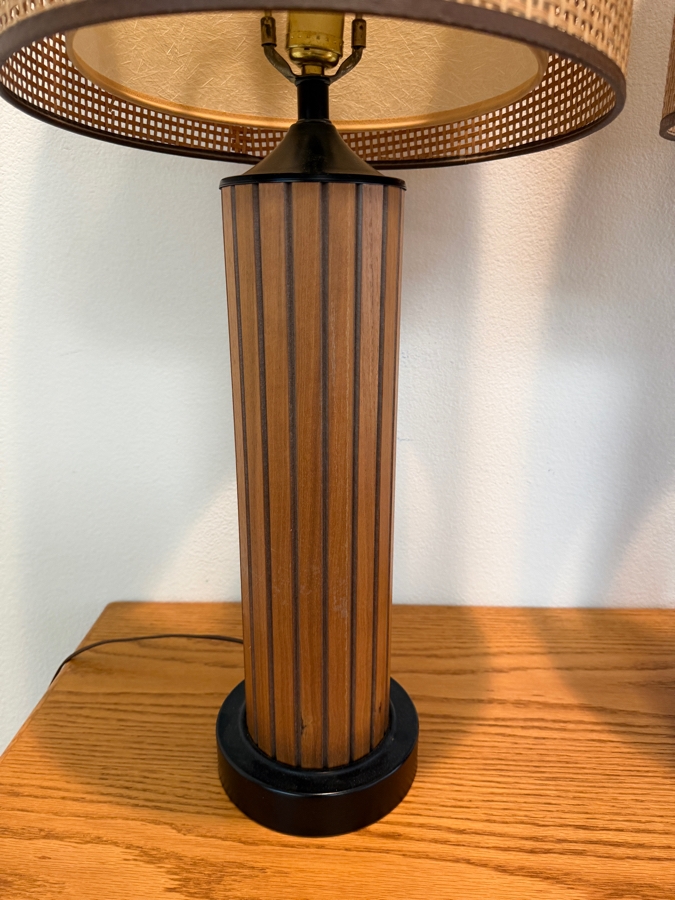 Just Added - Pair of Mid-Century Modern Gruvwood Walnut Table Lamps With Cane Shades 35H [Photo 3]