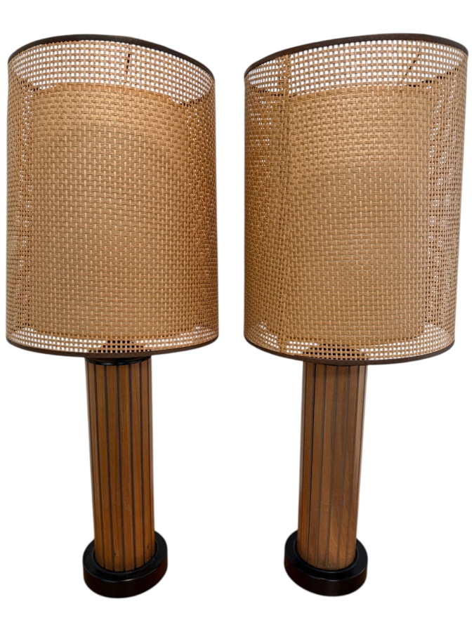 Just Added - Pair of Mid-Century Modern Gruvwood Walnut Table Lamps With Cane Shades 35H