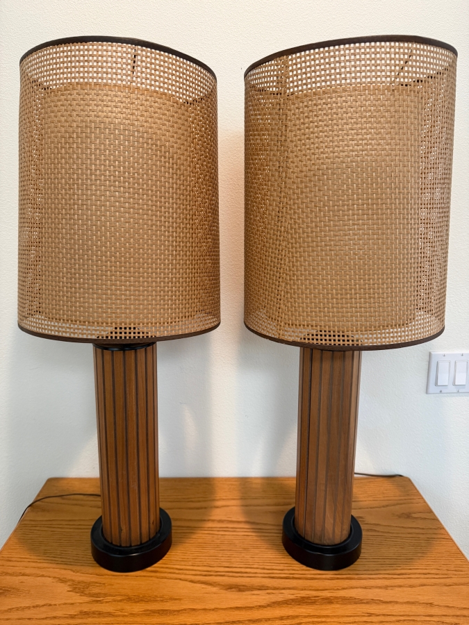 Just Added - Pair of Mid-Century Modern Gruvwood Walnut Table Lamps With Cane Shades 35H [Photo 2]