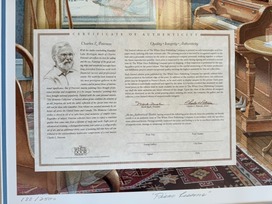 Just Added - Charles L. Peterson Limited Edition Print Titled 'Piano Lessons' with COA Framed 29 X 35 [Photo 9]