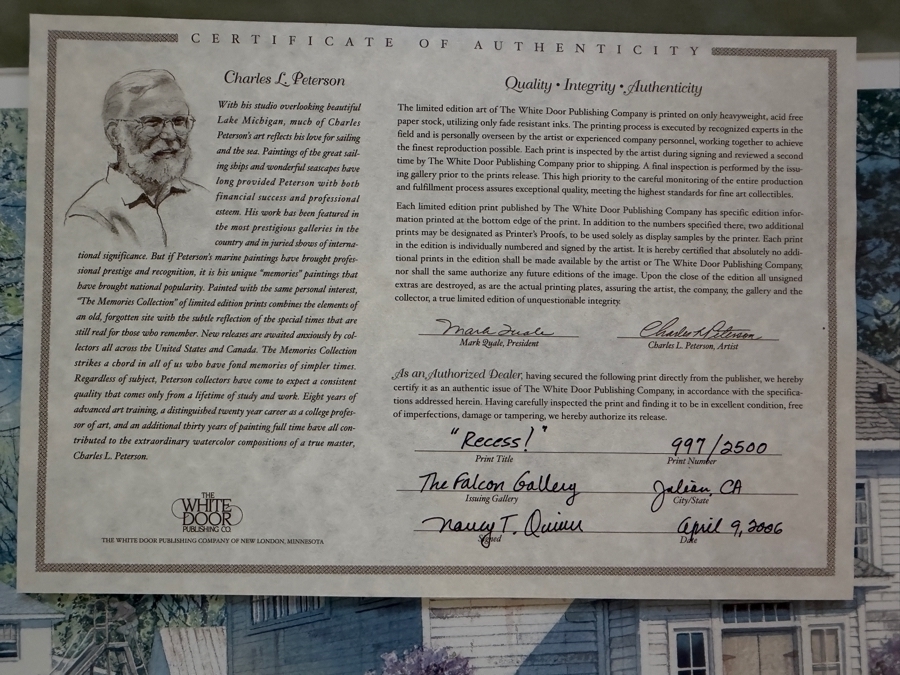 Just Added - Charles L. Peterson Limited Edition Print Titled 'Recess!' with COA Framed 38.5 X 27.5 [Photo 6]