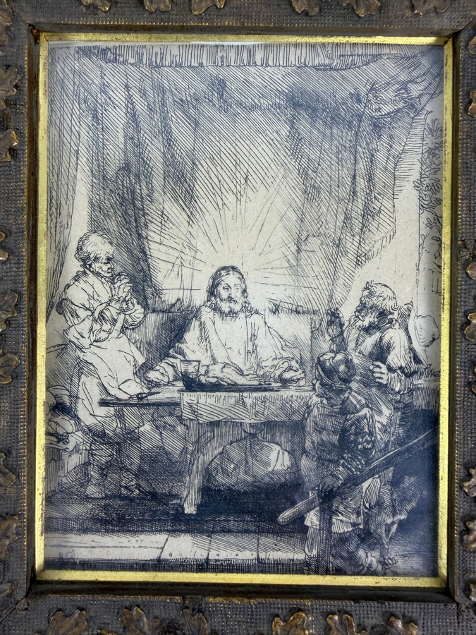 Just Added - Rembrandt van Rijn (1606–1669) Etching Titled Christ at Emmaus (1654) 8 3/8' X 6 3/8' in a Gilt Wooden Frame