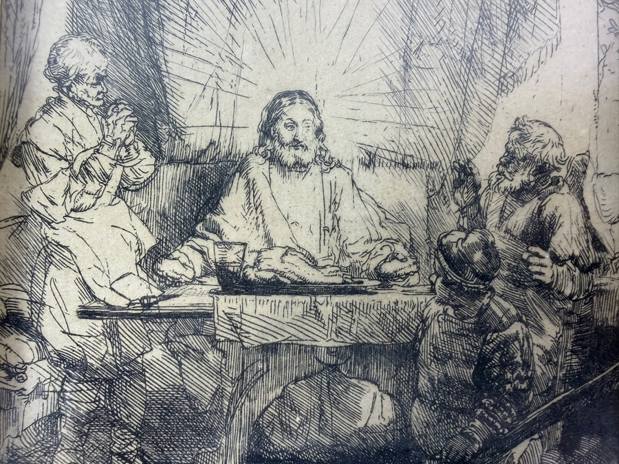 Just Added - Rembrandt van Rijn (1606–1669) Etching Titled Christ at Emmaus (1654) 8 3/8' X 6 3/8' in a Gilt Wooden Frame [Photo 6]