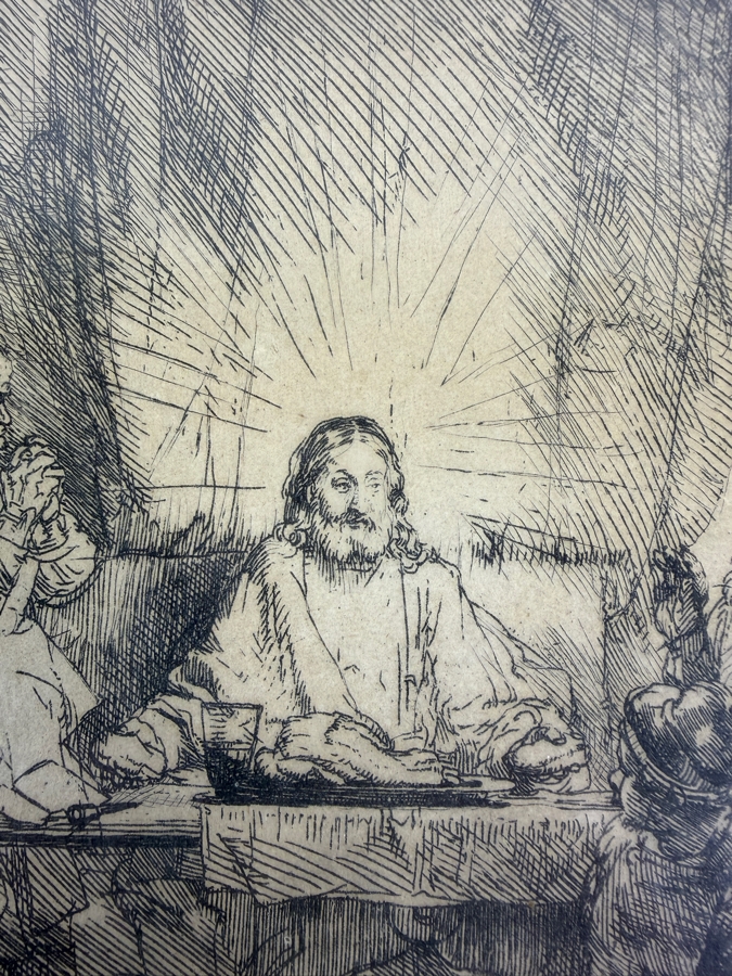 Just Added - Rembrandt van Rijn (1606–1669) Etching Titled Christ at Emmaus (1654) 8 3/8' X 6 3/8' in a Gilt Wooden Frame [Photo 5]