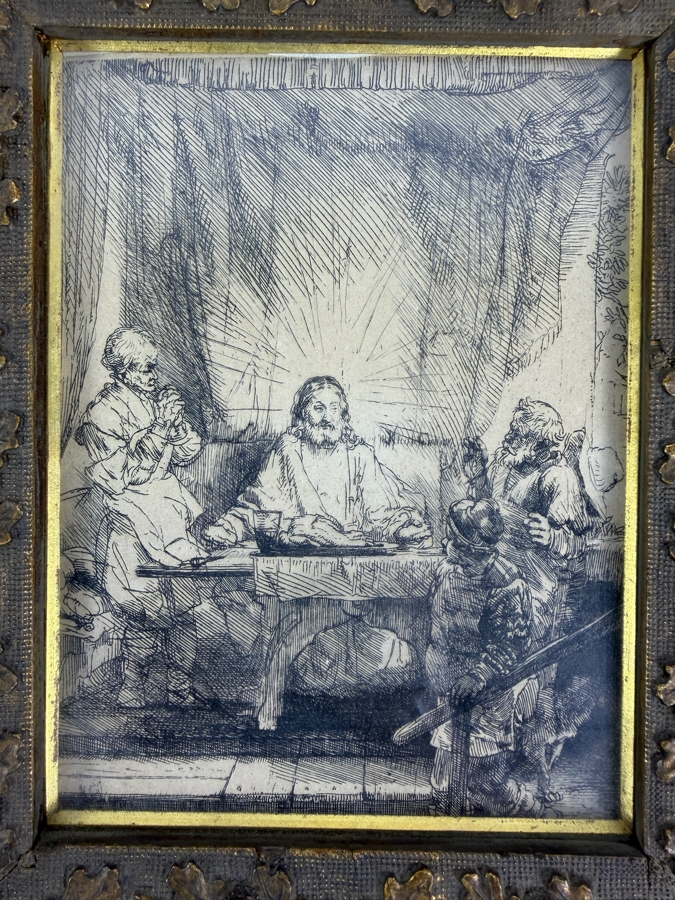Just Added - Rembrandt van Rijn (1606–1669) Etching Titled Christ at Emmaus (1654) 8 3/8' X 6 3/8' in a Gilt Wooden Frame [Photo 4]