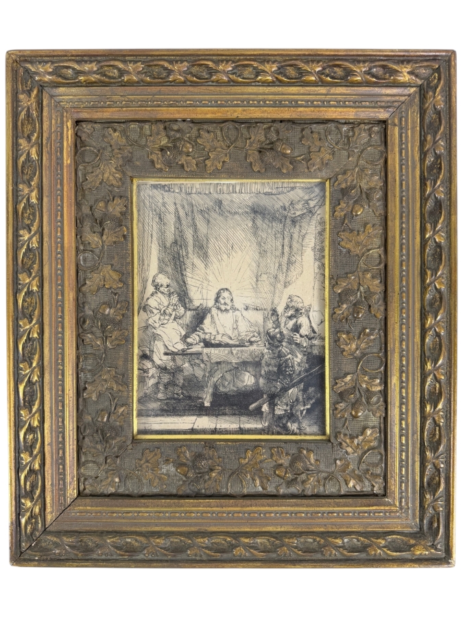 Just Added - Rembrandt van Rijn (1606–1669) Etching Titled Christ at Emmaus (1654) 8 3/8' X 6 3/8' in a Gilt Wooden Frame [Photo 2]