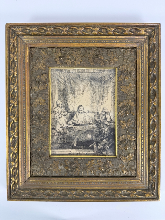 Just Added - Rembrandt van Rijn (1606–1669) Etching Titled Christ at Emmaus (1654) 8 3/8' X 6 3/8' in a Gilt Wooden Frame [Photo 3]