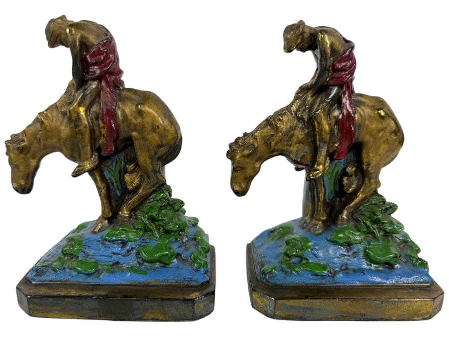 Just Added - Pair of Hand-Painted Polychrome Metal Bookends After James Earle Fraser's Iconic 'End of the Trail' Sculpture 6'H