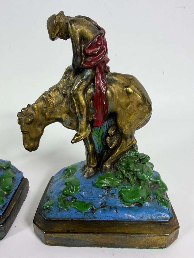 Just Added - Pair of Hand-Painted Polychrome Metal Bookends After James Earle Fraser's Iconic 'End of the Trail' Sculpture 6'H [Photo 2]