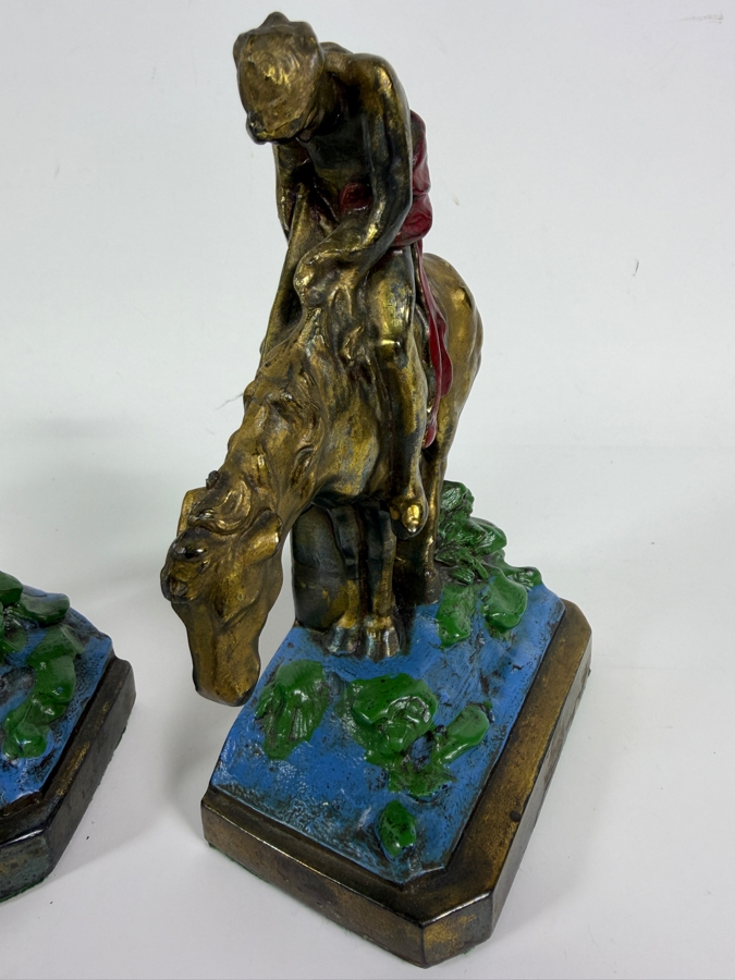 Just Added - Pair of Hand-Painted Polychrome Metal Bookends After James Earle Fraser's Iconic 'End of the Trail' Sculpture 6'H [Photo 3]