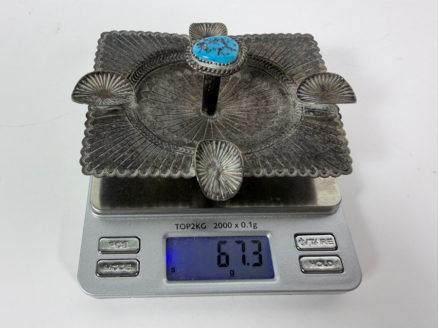 Just Added - Vintage Navajo Sterling Silver and Turquoise Ashtray Signed by Artist Carson Begay 4.5'W X 3.5'D X 2'H 67.3g
 [Photo 11]