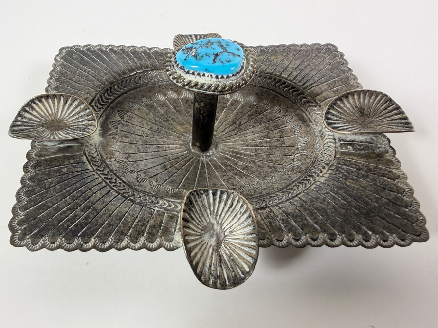 Just Added - Vintage Navajo Sterling Silver and Turquoise Ashtray Signed by Artist Carson Begay 4.5'W X 3.5'D X 2'H 67.3g
 [Photo 5]