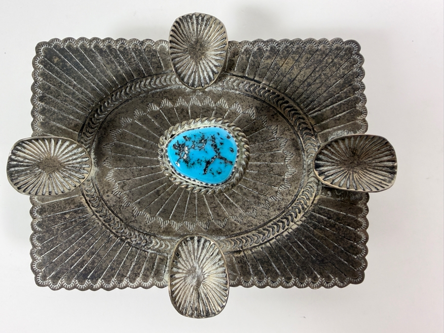 Just Added - Vintage Navajo Sterling Silver and Turquoise Ashtray Signed by Artist Carson Begay 4.5'W X 3.5'D X 2'H 67.3g
 [Photo 3]