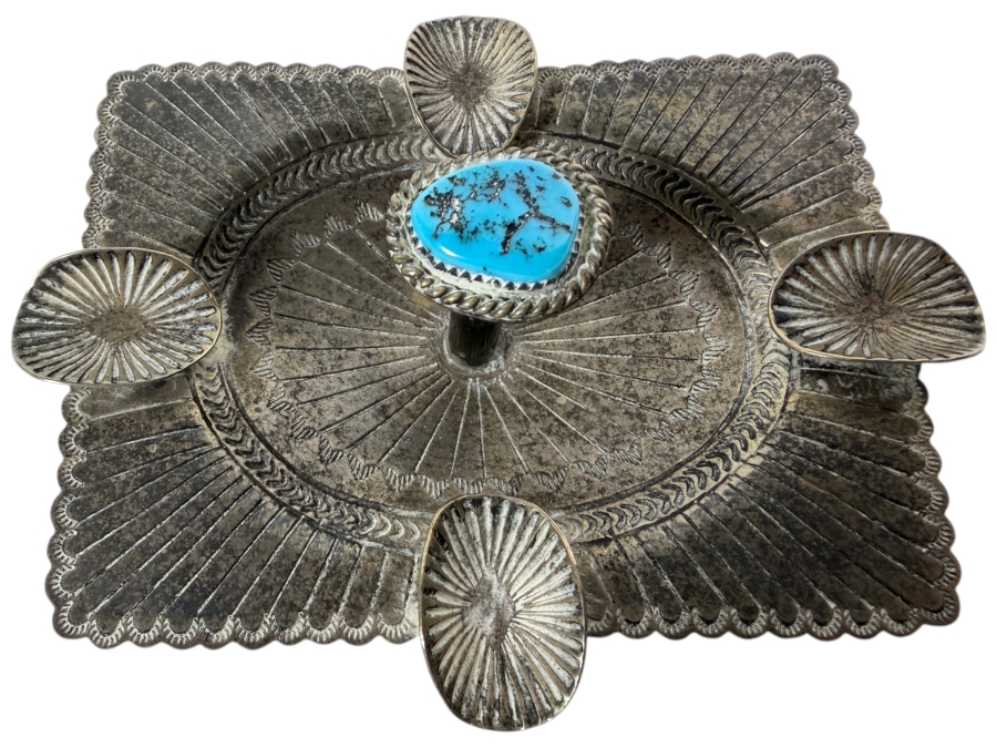 Just Added - Vintage Navajo Sterling Silver and Turquoise Ashtray Signed by Artist Carson Begay 4.5'W X 3.5'D X 2'H 67.3g
