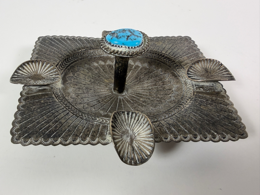 Just Added - Vintage Navajo Sterling Silver and Turquoise Ashtray Signed by Artist Carson Begay 4.5'W X 3.5'D X 2'H 67.3g
 [Photo 2]