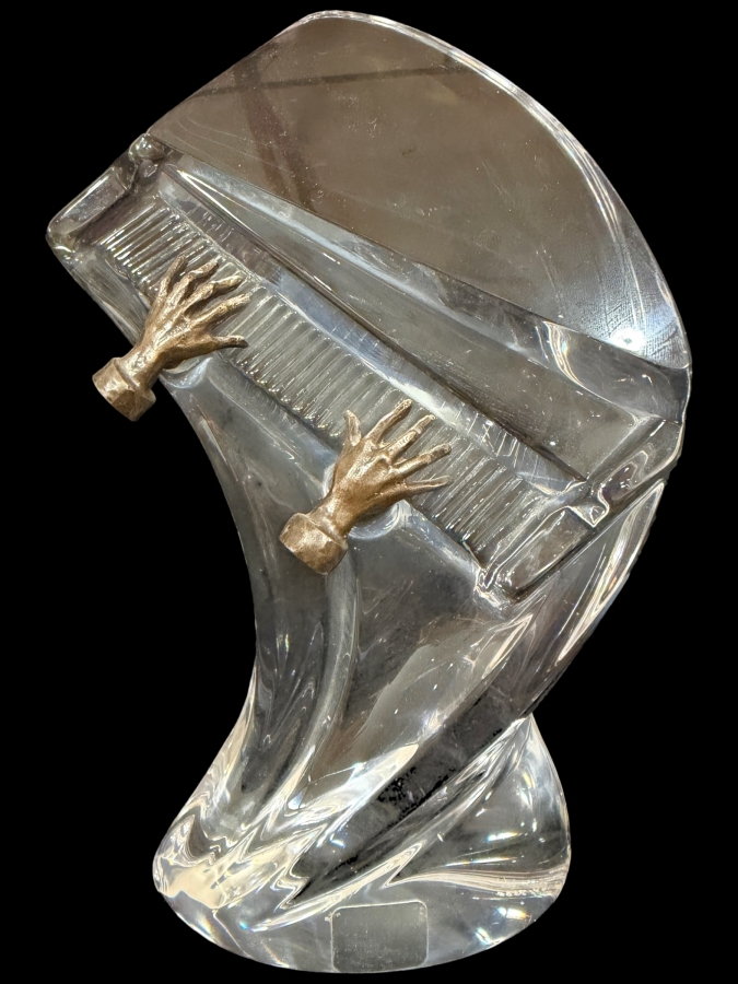 Just Added - Signed Vinardi Crystal Art Glass Piano Sculpture Figurine With Bronze Hands 7W X 9.5H