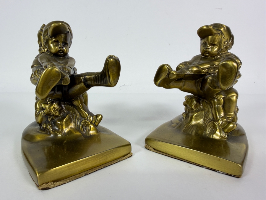 Just Added - Pair of Brass 'Tug Of War' Bookends by P.M. Craftsman 12'W X 5'H [Photo 4]