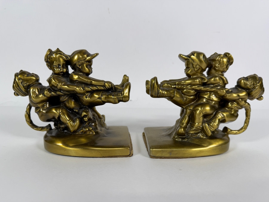 Just Added - Pair of Brass 'Tug Of War' Bookends by P.M. Craftsman 12'W X 5'H [Photo 2]
