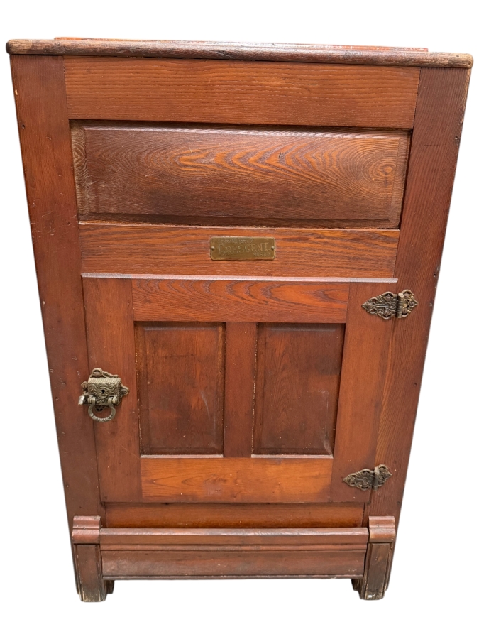 Just Added - Antique Henry N Clark Co Crescent Boston Single Door Wood Ice Box Featuring Cast Brass Ornate Hardware Latch Hinges And Original Raised Relief Brass Name Plate 26W X 16D X 42H