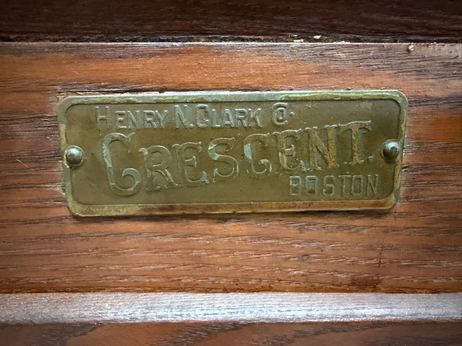 Just Added - Antique Henry N Clark Co Crescent Boston Single Door Wood Ice Box Featuring Cast Brass Ornate Hardware Latch Hinges And Original Raised Relief Brass Name Plate 26W X 16D X 42H [Photo 2]