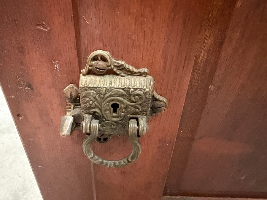 Just Added - Antique Henry N Clark Co Crescent Boston Single Door Wood Ice Box Featuring Cast Brass Ornate Hardware Latch Hinges And Original Raised Relief Brass Name Plate 26W X 16D X 42H [Photo 3]