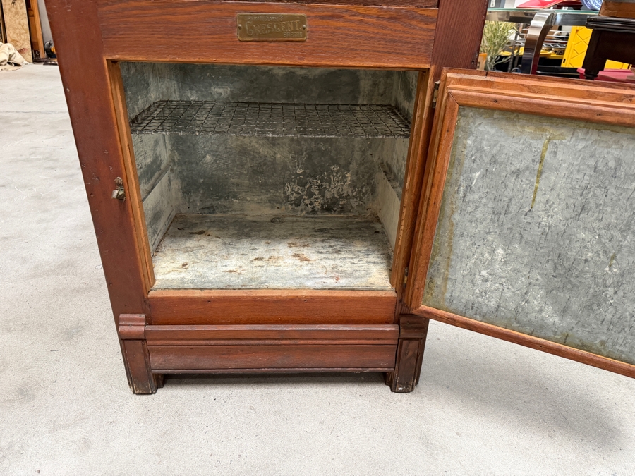 Just Added - Antique Henry N Clark Co Crescent Boston Single Door Wood Ice Box Featuring Cast Brass Ornate Hardware Latch Hinges And Original Raised Relief Brass Name Plate 26W X 16D X 42H [Photo 6]