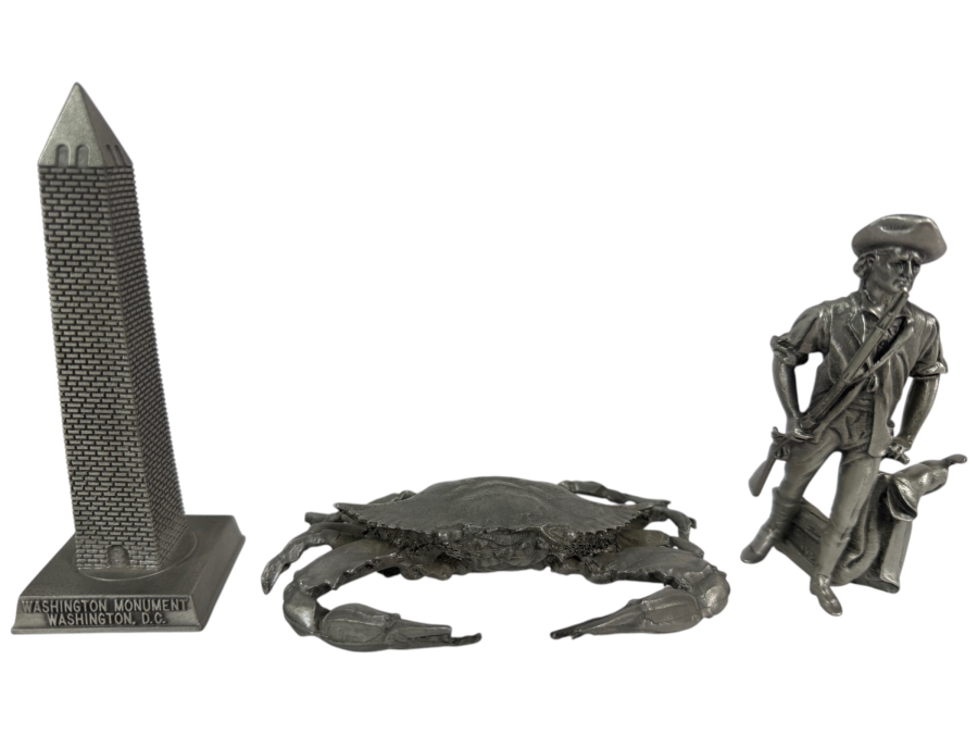 Just Added - Collection Of Three Vintage Solid Pewter Figurines Including Bates And Klinke Washington Monument Rondell Blue Crab And 1972 Prescott W Baston Minuteman Made In USA