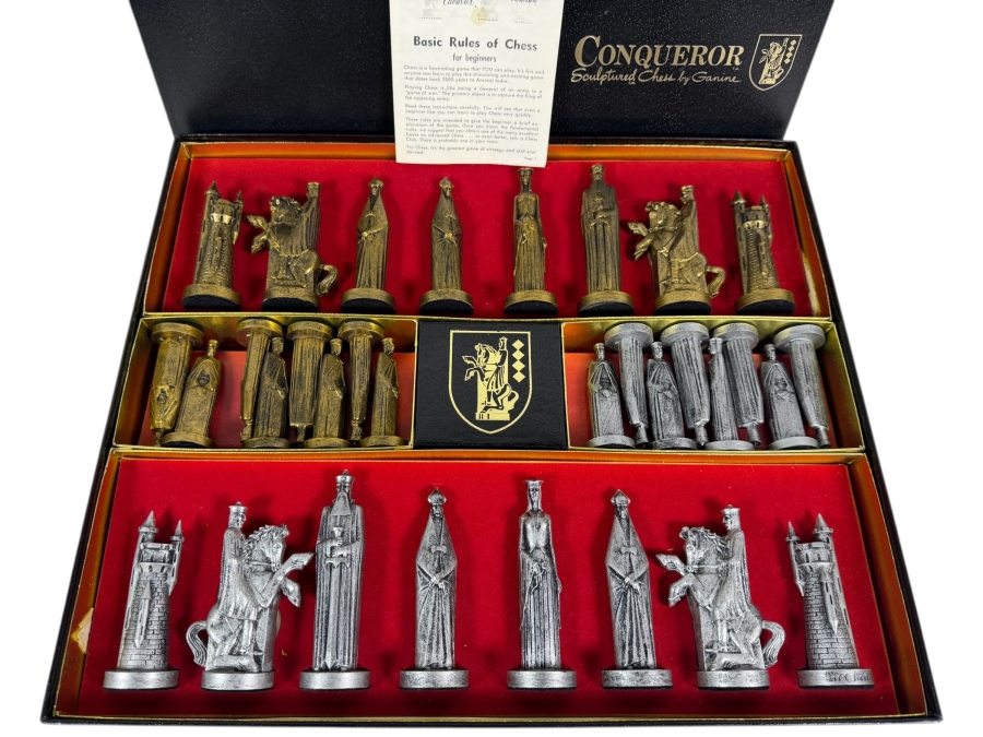 Just Added - Vintage 1962 Conqueror Sculptured Chess By Peter Ganine Medieval Gothic Tournament Edition Plastic Weighted Pieces Model 1489 Pacific Game Co Complete In Original Box