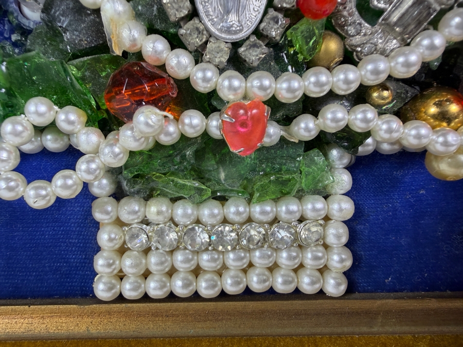 Just Added - Vintage Illuminated Mid Century Costume Jewelry Christmas Tree Art In Gilt Frame Featuring Attached Electric Light Cord 13.5 X 16.5 [Photo 5]