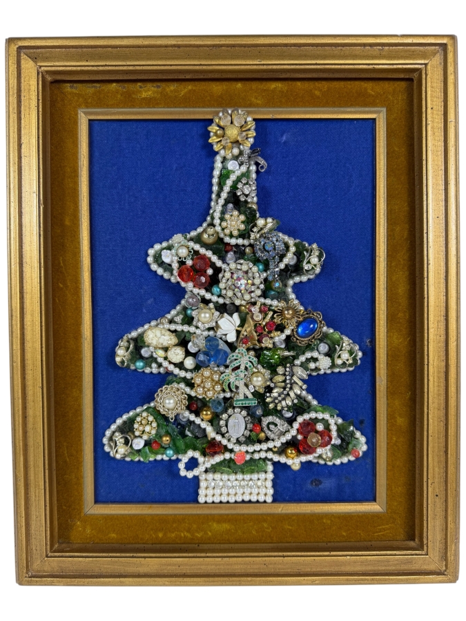 Just Added - Vintage Illuminated Mid Century Costume Jewelry Christmas Tree Art In Gilt Frame Featuring Attached Electric Light Cord 13.5 X 16.5