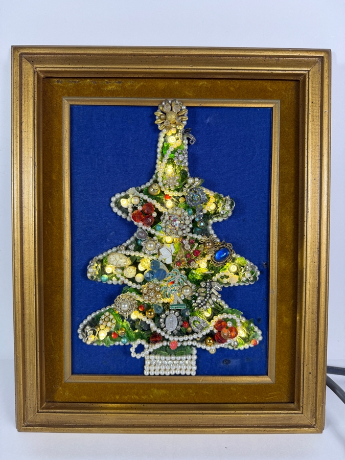 Just Added - Vintage Illuminated Mid Century Costume Jewelry Christmas Tree Art In Gilt Frame Featuring Attached Electric Light Cord 13.5 X 16.5 [Photo 2]