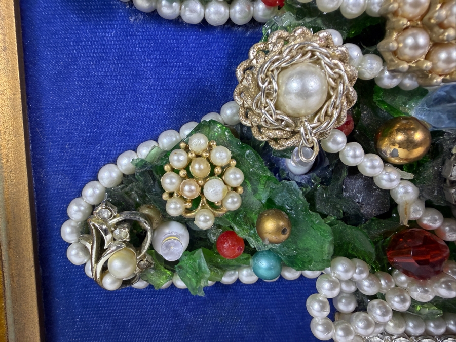 Just Added - Vintage Illuminated Mid Century Costume Jewelry Christmas Tree Art In Gilt Frame Featuring Attached Electric Light Cord 13.5 X 16.5 [Photo 6]