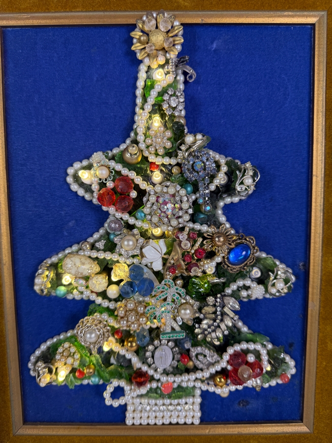 Just Added - Vintage Illuminated Mid Century Costume Jewelry Christmas Tree Art In Gilt Frame Featuring Attached Electric Light Cord 13.5 X 16.5 [Photo 3]