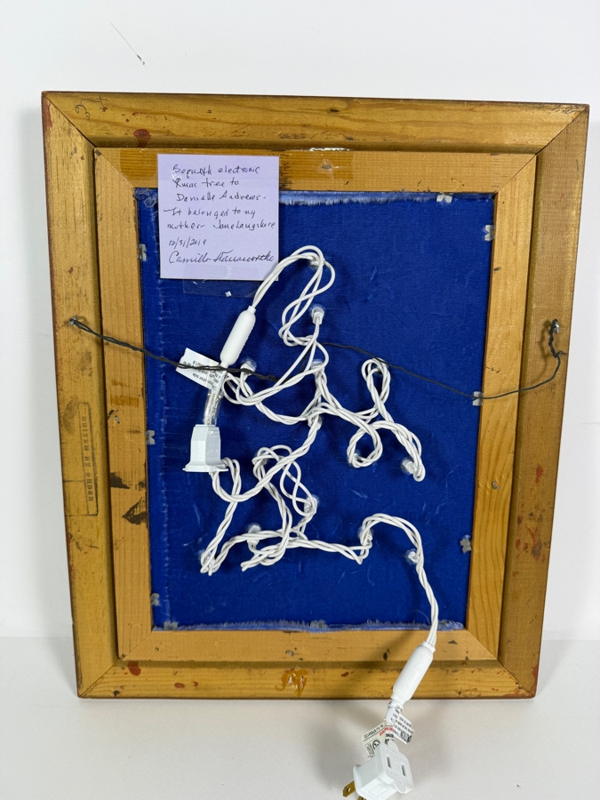 Just Added - Vintage Illuminated Mid Century Costume Jewelry Christmas Tree Art In Gilt Frame Featuring Attached Electric Light Cord 13.5 X 16.5 [Photo 19]