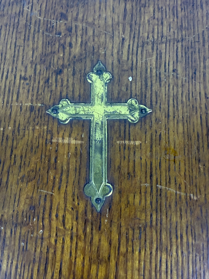 Just Added - Antique Gothic Revival Quarter Sawn Oak Bible Storage Box Or Reliquary Chest Featuring Ornamental Brass Corner Protectors And Central Inlaid Gilt Crucifix Accent 10.5 X 11.5 X 4.5 [Photo 3]
