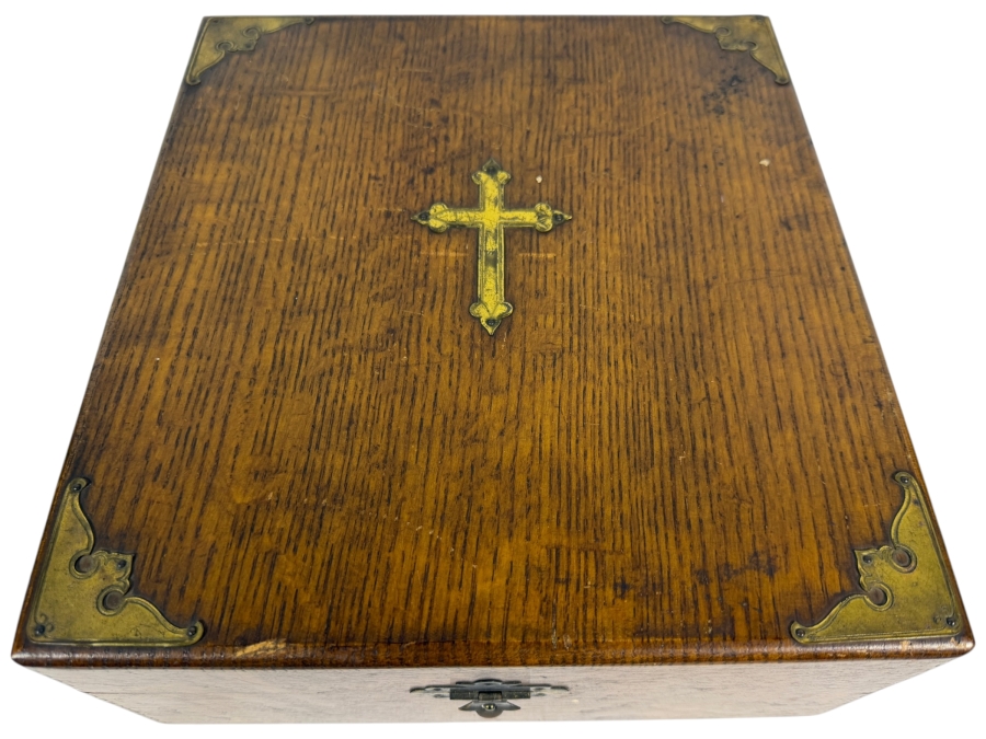 Just Added - Antique Gothic Revival Quarter Sawn Oak Bible Storage Box Or Reliquary Chest Featuring Ornamental Brass Corner Protectors And Central Inlaid Gilt Crucifix Accent 10.5 X 11.5 X 4.5