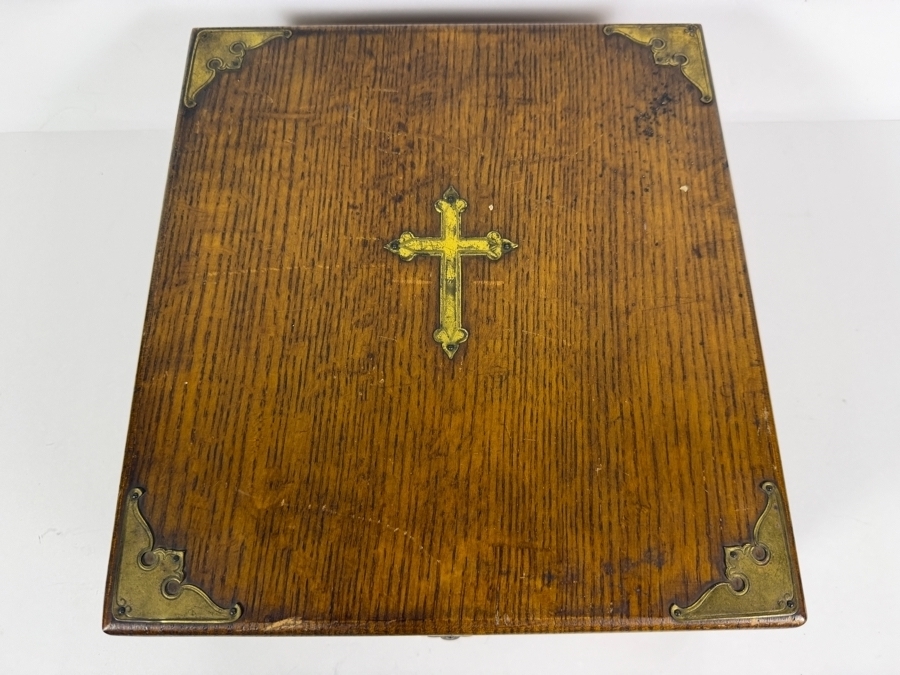 Just Added - Antique Gothic Revival Quarter Sawn Oak Bible Storage Box Or Reliquary Chest Featuring Ornamental Brass Corner Protectors And Central Inlaid Gilt Crucifix Accent 10.5 X 11.5 X 4.5 [Photo 2]