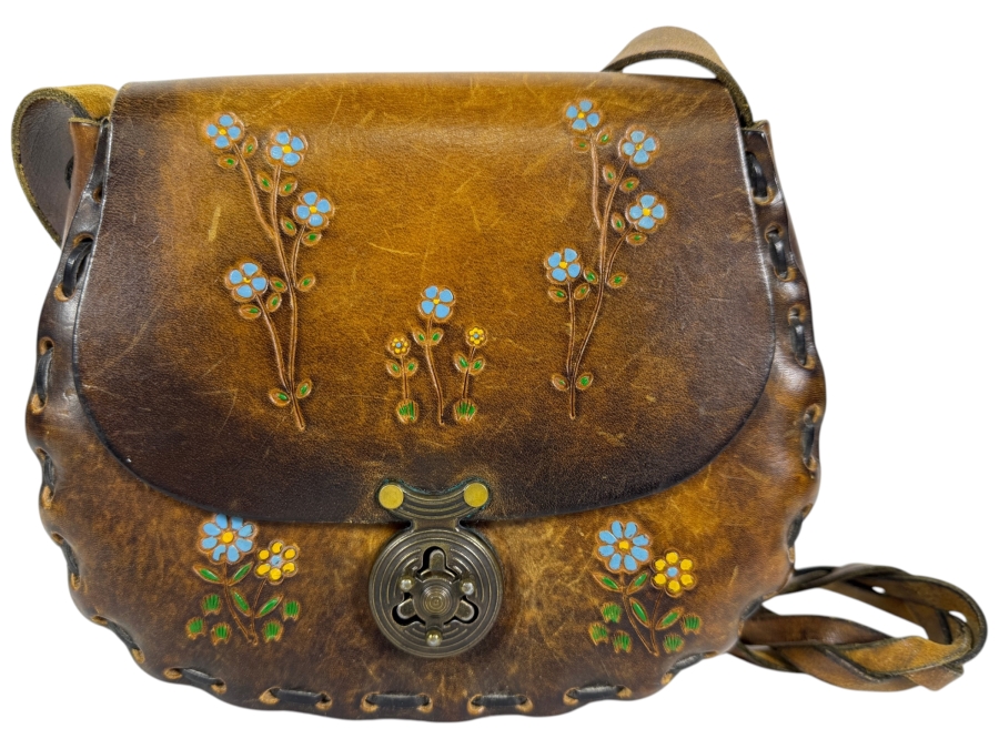 Just Added - Vintage Valhalla Leather And Gifts Solvang Calif Hand Tooled Hand Painted Floral Motif Leather Saddle Bag Hippie Boho Shoulder Purse With Brass Turn Lock Clasp 9'W