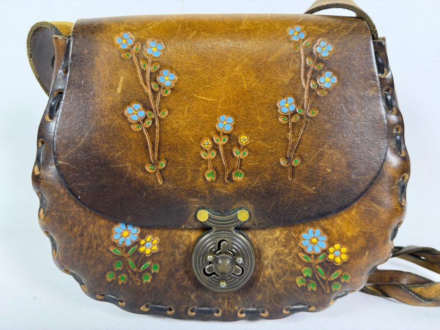 Just Added - Vintage Valhalla Leather And Gifts Solvang Calif Hand Tooled Hand Painted Floral Motif Leather Saddle Bag Hippie Boho Shoulder Purse With Brass Turn Lock Clasp 9'W [Photo 2]