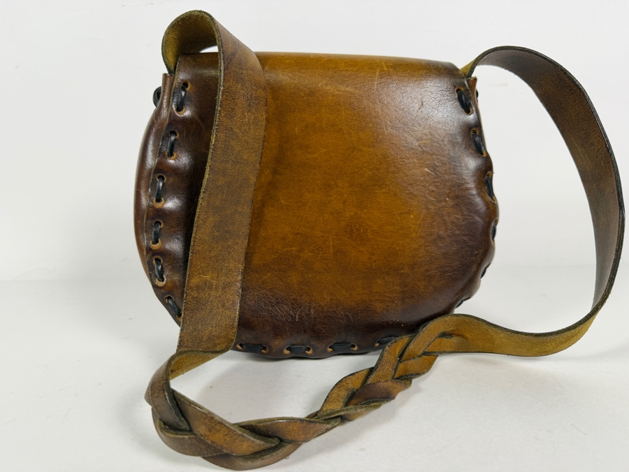 Just Added - Vintage Valhalla Leather And Gifts Solvang Calif Hand Tooled Hand Painted Floral Motif Leather Saddle Bag Hippie Boho Shoulder Purse With Brass Turn Lock Clasp 9'W [Photo 3]